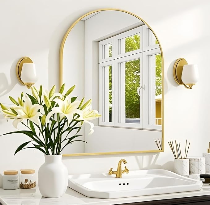 Arched Wall-Mounted Mirror, 20"x30" Arch Bathroom Mirror, Gold Vanity Mirror for Wall Décor, Wall Mirror with Metal Frame for Bedroom, Entryway, Living Room, Brushed Gold