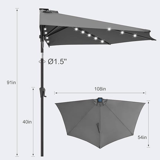 FLAME&SHADE 9 FT Solar Half Patio Umbrella with 25 LED Lights, Half Outdoor Umbrella with Button Tilt, Half Round Table Umbrella For Deck, Backyard, Balconies, Decks, Rvs, UV Protection (Anthracite)