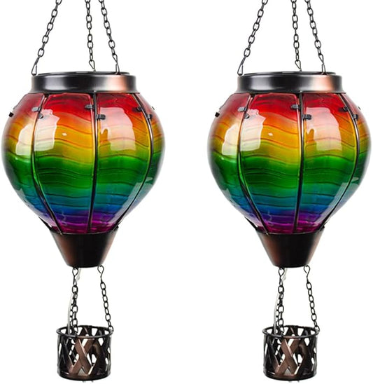 2PCS Colorful Solar Hot Air Balloon Lantern with Flame,Rainbow Wave Glass Solar Hanging Light Outdoor Waterproof for Garden Tree Yard Patio Party Decor