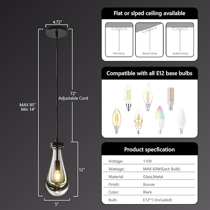 Raindrop Pendant Light Kitchen Island, Modern Black Teardrop Pendant Lights,Dimmable Rain Pendant Lighting Dining Room Light Fixture Bronze Raindrop Lighting for Living Room Hallway, Including Bulb
