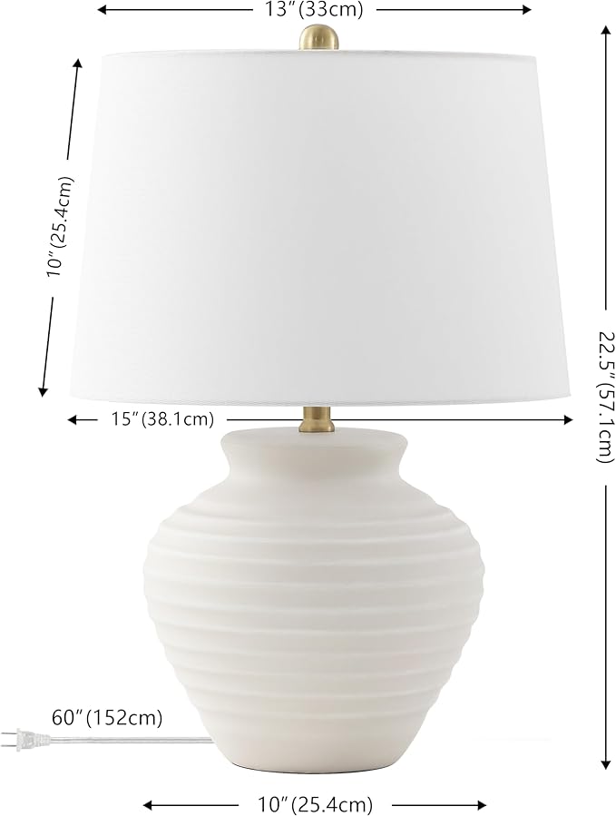 SAFAVIEH Lighting Collection – Ledger Rustic Farmhouse Bone Ceramic Table Lamp with White Drum Shade, 23-Inch Bedroom or Living Room Lamp, LED Bulb Included (TBL4352B)