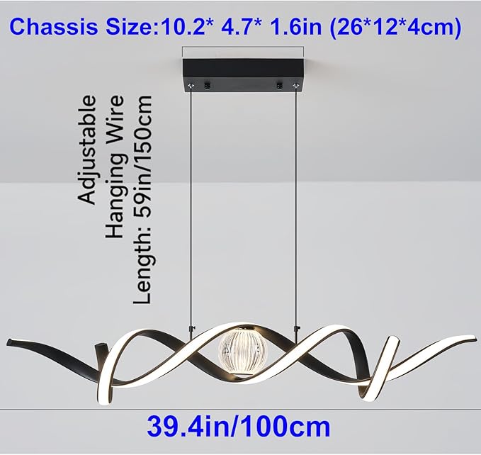 Modern LED Pendant Lights, Dimmable 39'' Spiral Wave LED Chandelier Lighting, Linear Swivel Black Dining Room Hanging Light Fixtures Kitchen Island Pendant Light for Dining Table (2340lm)