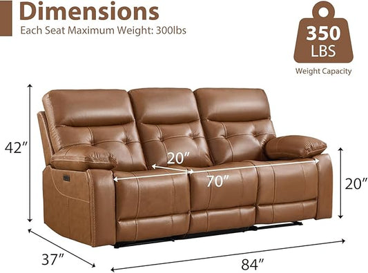 CANMOV Genuine Leather Power Recliner Sofa,3 Seater Reclining Sofa with Comfortable Arms and Back,Modern Electric Recliner Couch Set with Hidden Cup Holders,USB Port for Living Room,Brown