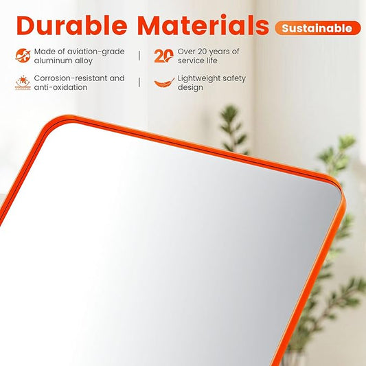 18x24inch Orange Bathroom Mirror Wall Mounted, Matte Aluminum Alloy Frame with Rounded Corners, Shatterproof Tempered Glass, Anti-Rust HD Vanity Mirror for Bathroom, Bedroom, Entryway