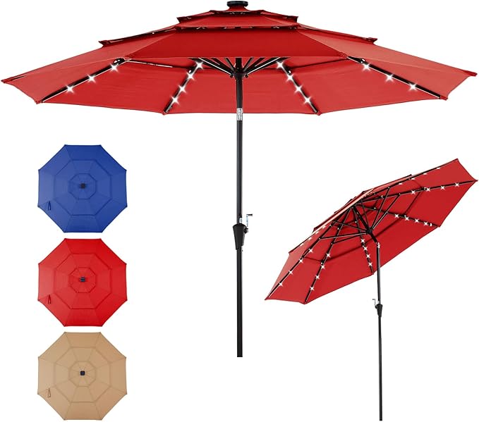 DUMOS 10FT 3-Tier Outdoor Patio Umbrella with 32 LED Lights & Crank, 8 Sturdy Ribs Table Umbrella for Pool, Market, Terrace, Beach and Outdoor Restaurant, Scarlet