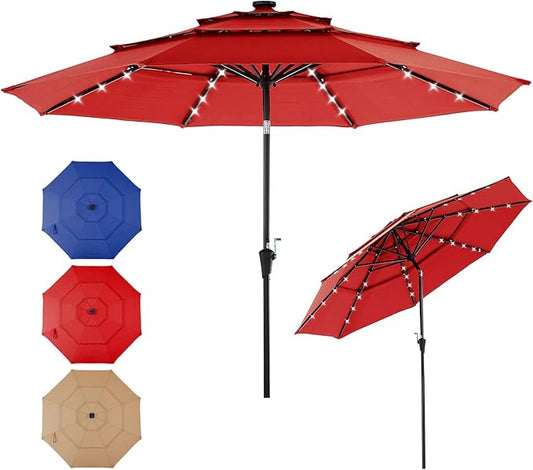 DUMOS 10FT 3-Tier Outdoor Patio Umbrella with 32 LED Lights & Crank, 8 Sturdy Ribs Table Umbrella for Pool, Market, Terrace, Beach and Outdoor Restaurant, Scarlet