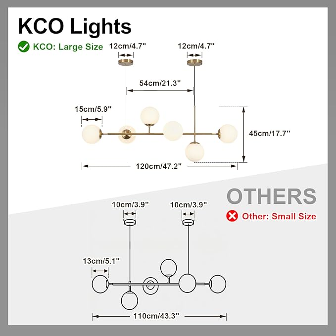 KCO Lighting Modern Globe Linear Chandelier 6 Light Milk Glass Chandeliers White and Gold Pendant Light Fixture Mid Century Rectangle Chandelier Brass Sputnik Island Lights for Kitchen