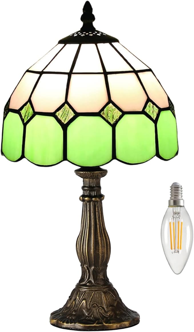 Table Lamp Tiffany-Style 8 Inch Mediterranean Series Stained Glass Lampshades Small Bedside Lamp Reading Antique Desk Light Livingroom Bedroom Office Vintage Art De(Color:Green)