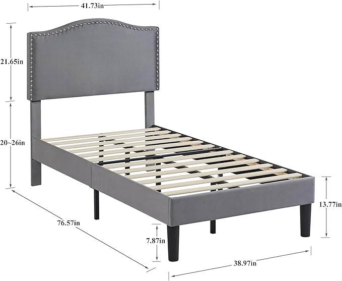 VECELO Twin Bed Frame, Platform Bed Frame with Adjustable Height Upholstered Headboard, Heavy-Duty Frame and Strong Wooden Slats Support, Non-Slip and Noise-Free, Easy Assembly, Dark Grey
