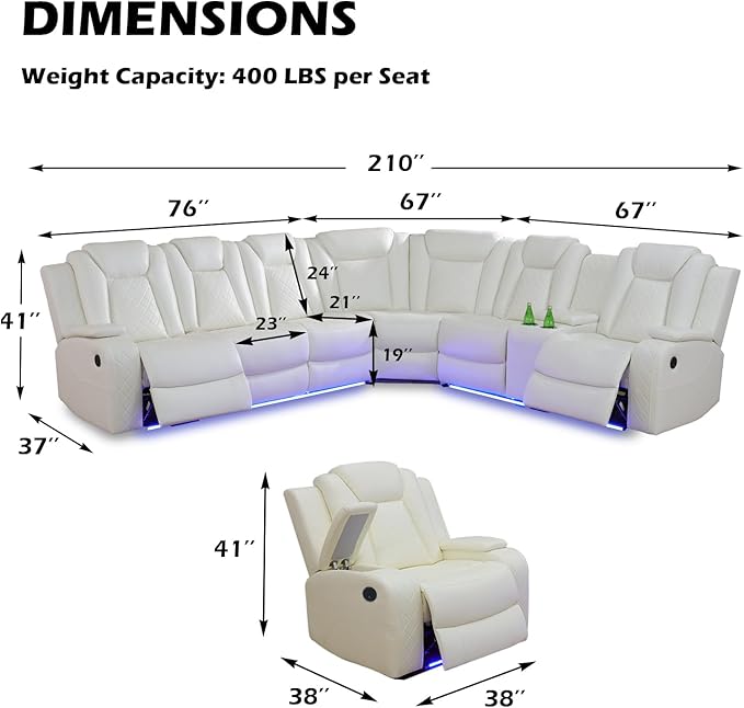 Leather Power Recliner Sectional Sofa Set with LED Light,L Shaped Leather Couch Set with Recliner Chair,Modular Corner Sofa with USB Ports for Living Room Furniture(White, Sectional+Chair)