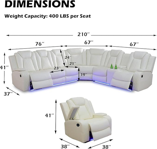 Leather Power Recliner Sectional Sofa Set with LED Light,L Shaped Leather Couch Set with Recliner Chair,Modular Corner Sofa with USB Ports for Living Room Furniture(White, Sectional+Chair)