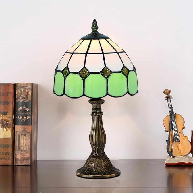 Table Lamp Tiffany-Style 8 Inch Mediterranean Series Stained Glass Lampshades Small Bedside Lamp Reading Antique Desk Light Livingroom Bedroom Office Vintage Art De(Color:Green)