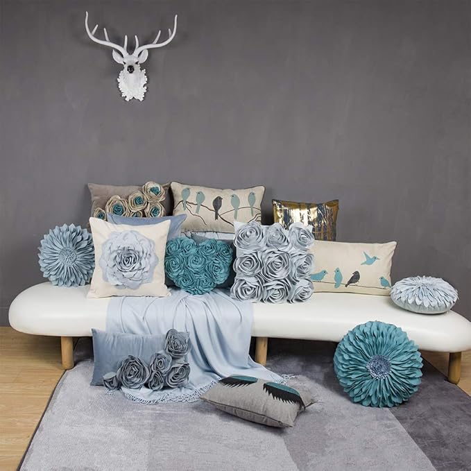 JWH Heart Flower Throw Pillow Covers Decorative Floral Shaped Accent Cushion Soft Pillowcase for Sofa Couch Living Room Bed Chair 14x16 Inches Teal Blue