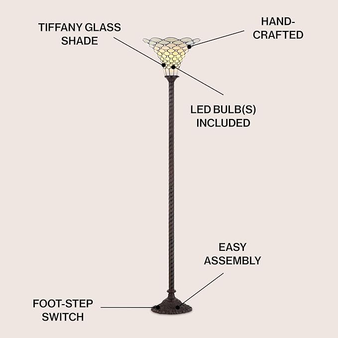JONATHAN Y 70" Bronze Tiffany-Style Torchiere LED Floor Lamp, Traditional Handcrafted Cream Stained Glass Bowl Shade Standing Lamp for Living Room, LED Bulb Included JYL8007A