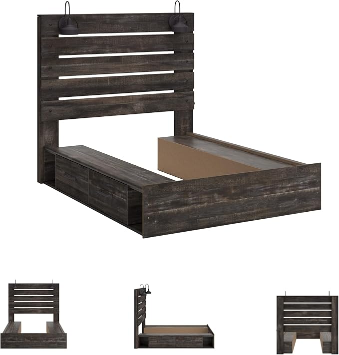 Signature Design by Ashley Drystan Rustic Queen Panel Platform Bed with 4 Storage Drawers, Open Cubbies, Sconce LED Lights and USB Ports, Foundation or Box Spring Not Needed, Dark Brown & Gray