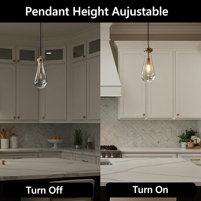 Raindrop Pendant Lights Kitchen Island Set of 3, Brass Teardrop Pendant Lights Dining Room Modern Gold Rain Pendants Glass Waterdrop Pendant Light for Island, Living Room,Included E12 Bulb