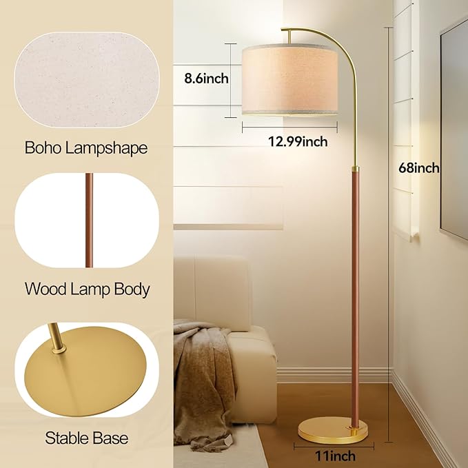 Wood Floor Lamps for Living Room Arc Floor Lamp with Remote Control,Dimmable LED Floor Lamp Mid Century Modern Standing Lamp with 3 Color Temperature Tall Gold Floor Lamp for Bedroom Corner