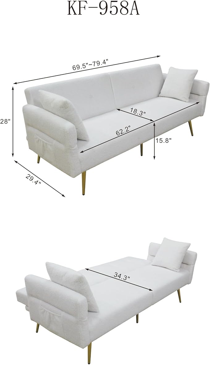 Eafurn Teddy Futon Sofa Bed Modern Folding Futon Set Convertible Recliner Lounge Sleeper Couch with Adjustable Armrest and Backrest for Living Room Apartment | Golden Legs, Wood Frame, Side Pockets