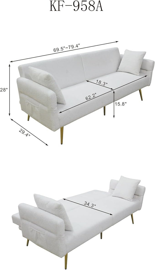 Eafurn Teddy Futon Sofa Bed Modern Folding Futon Set Convertible Recliner Lounge Sleeper Couch with Adjustable Armrest and Backrest for Living Room Apartment | Golden Legs, Wood Frame, Side Pockets