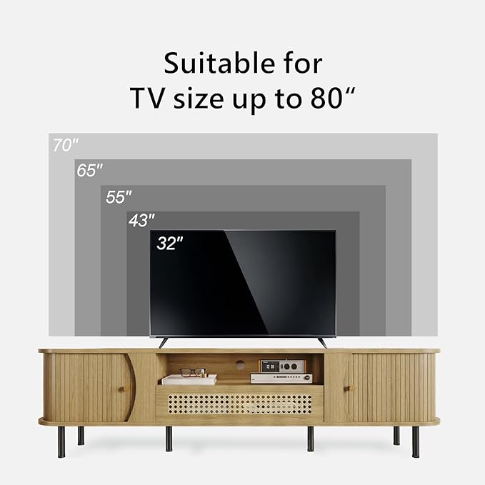 basenji 71" Fluted TV Stand with Sliding Doors & Rattan,Mid Century Modern Entertainment Center with Storage,Curved Edge Design,Media Console for TVs up to 85",TV Consoles for Living Room,Wood