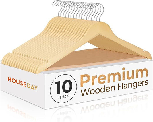 HOUSE DAY Premium Wooden Coat Hangers 10 Pack, Heavy Duty Solid Wood Clothes Hangers with 360° Swivel Hook & Pant Bar for Jackets, Dress, Shirts, Natural Wood Suit Hanger for Closet Organizer