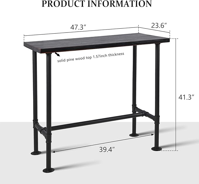 LOKKHAN Rectangular Dining Table for 4, (47.3" L x 41.3" H x 23.6" W), Heavy Duty Metal Pipe, Solid Wood Desktop, Home Kitchen Bar Office Cafe Pub, Rustic Industrial, Grey & Walnut