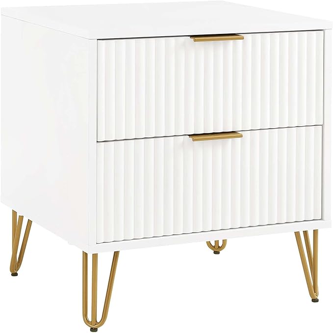 Manhattan Comfort Dumbo Modern Nightstand 2.0 with 2 Drawer and Metal Feet | Splayed Gold Legs | Vertical Ribbed Design | No Tool Assembly Storage for Bedroom, Set of 2, Set of 2, White