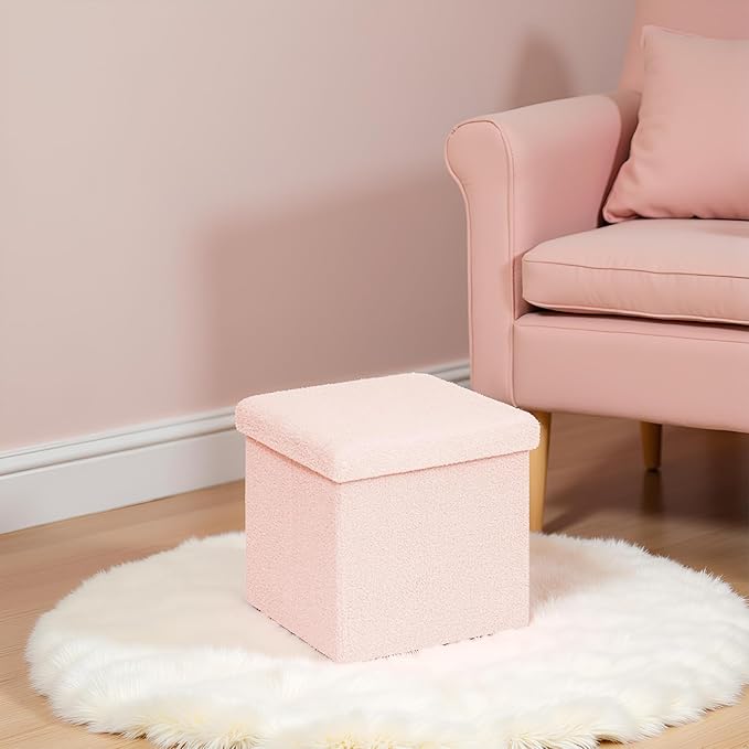 15in Small Storage Ottoman Foldable Sherpa Top Storage Bench,Foot Rest/Step Stool for Bedroom Dorm Entryway, Space Saving for Small Spaces-Pink