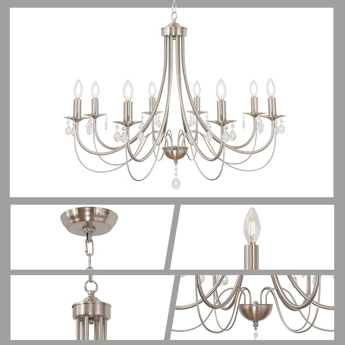 8-Lights Farmhouse Chandeliers Brushed Nickel Industrial Kitchen Island Pendant Light Fixtures Modern Crystal Chandelier Ceiling Lighting for Stairway Foyer Hallway Dining Room