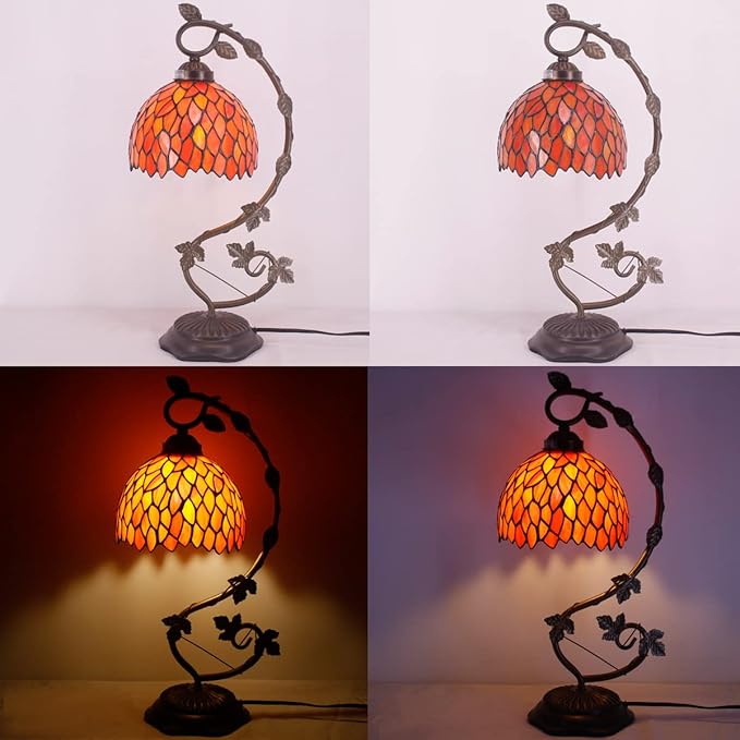 WERFACTORY Tiffany Lamp Red Wisteria Stained Glass Table Lamp, Metal Leaf Base 8X10X21 Inches Desk Reading Light Decor Small Space Bedroom Home Office S523R Series
