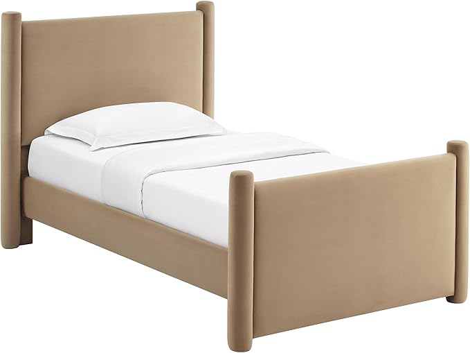 Modway Rael Twin Platform Bed Frame with Upholstered Headboard and Footboard in Taupe – Stain-Resistant Performance Velvet Twin Size Bed with Rounded Posts