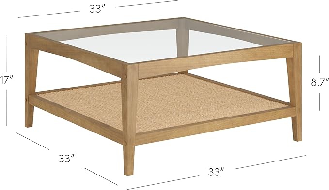 Nathan James Hayes Glass Top Coffee Table, Solid Wood Coffee Table with Glass Top and Rattan Bottom Shelf, Light Brown