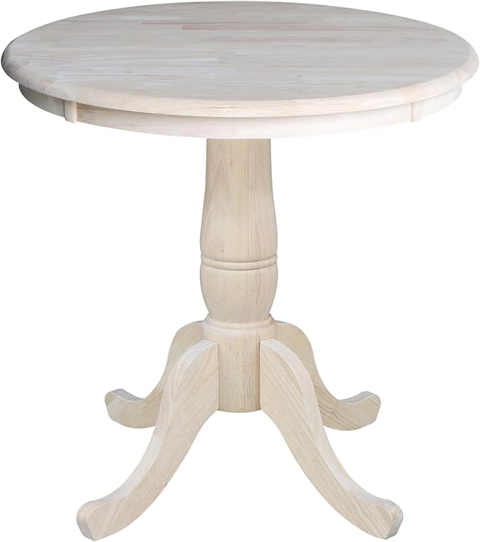 IC International Concepts, 30" Round Top Pedestal Dining Table, Solid Real Wood, Sturdy Parawood, Dimensions 30" D x 30" W x 28.8" H, Paint/Stain Ready, Unfinished