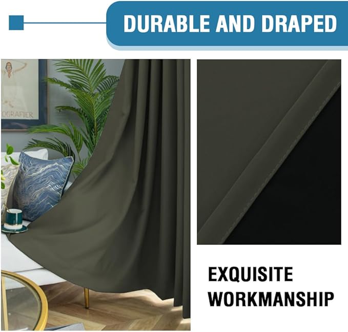 H.VERSAILTEX 100% Blackout Curtains for Bedroom Thermal Insulated Blackout Curtains 96 inch Length Heat and Full Light Blocking Curtains for Living Room with Black Liner 2 Panels Set, Olive