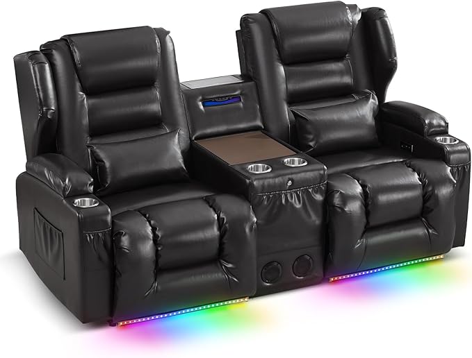 SAMERY Loveseat Recliner Sofa, Power Reclining Loveseat Sofa, Wall Hugger Recliners RV Couch with Console, Lift-Top Table, Rhythm & Ambient LED Lights, USB-C, Outlets, Faux Leather, Black | Extra Wide Seat, Plush Padding, Dual Power Recline, Lift-Up Ta...