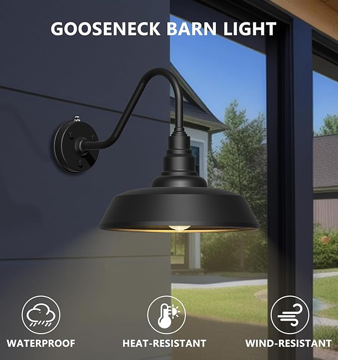 21" Large Gooseneck Barn Light Outdoor 2-Pack, Dusk to Dawn Black Exterior Light Fixture for Farmhouse, Porch, Patio, Gooseneck Lighting