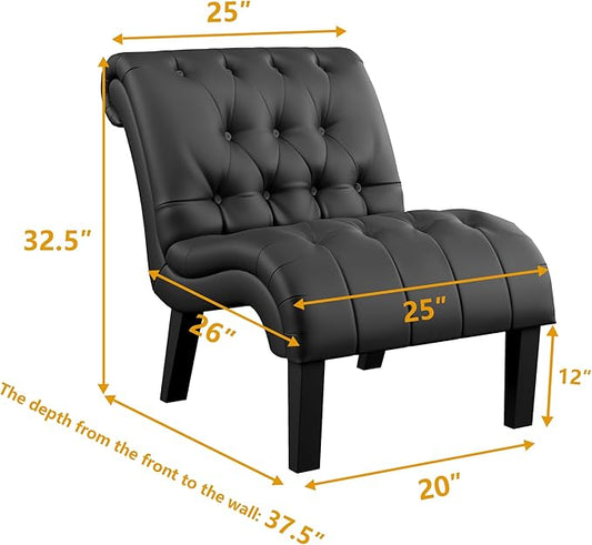 Yongqiang Black Faux Leather Accent Chair Modern Button Tufted Upholstered Armless Chair for Bedroom Living Room with Wood Legs