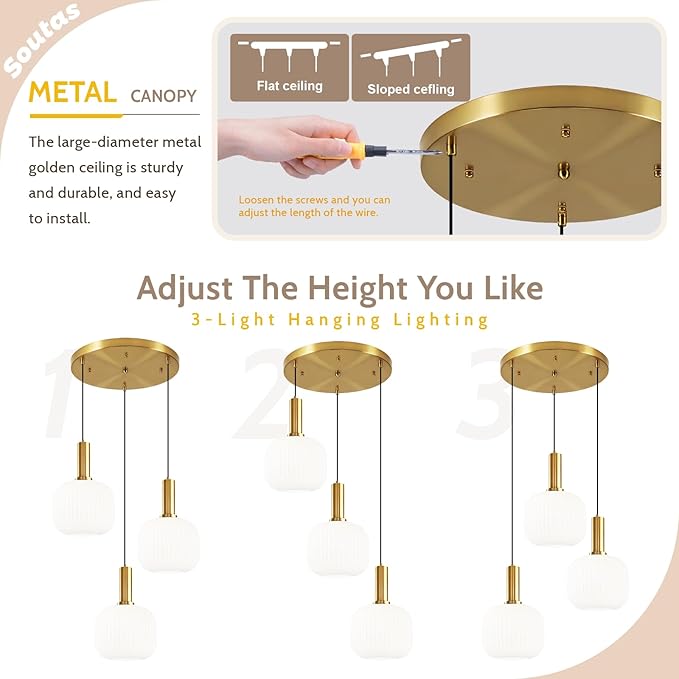 3 Light Cluster Chandelier Milk Glass Pendant Lights Kitchen Island Light Fixtures Ceiling Hanging with Striped Globe Shade Mid Century Modern White and Gold Pendant Light Over Dining Table