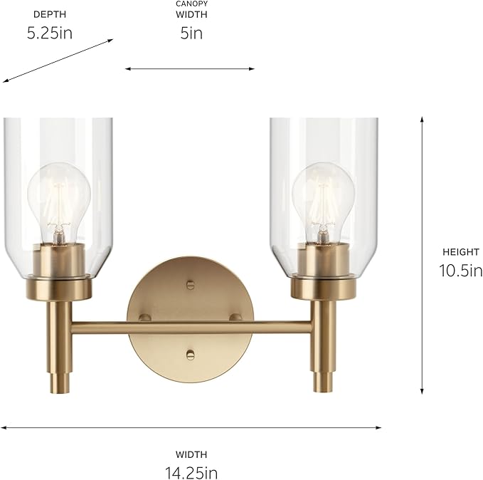 Kichler Madden 2-Light Vanity with Clear Glass in Champagne Bronze, Sloped Ceiling Compatible, for Single or Double Vanity in Bathroom (10.5" x 14.25"), 55184CPZ