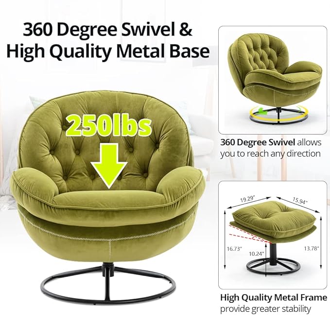 Velvet Swivel Accent Chair with Ottoman Set, Modern Lounge Chair with Metal Base Frame & Footrest, Comfy Single Leisure Sofa Chair Reading Chair with 360 Degree Swiveling for Living Room, Fruit Green