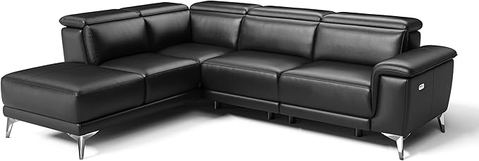 Valencia Pista 113" Full Leather Reclining Sectional Sofa with Left Hand Chaise | Power Recliner Chair, Nappa 11000 Leather | Sectional Couch for Living Room Furniture, Black