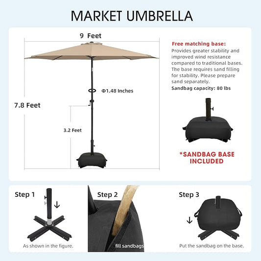 wikiwiki 9FT Patio Umbrella with Base, Outdoor Umbrellas with Base Included, 8 Sturdy Ribs, Waterproof Fade Resistant POLYESTER DTY Canopy for Deck, Lawn, Garden, Backyard & Pool, Beige