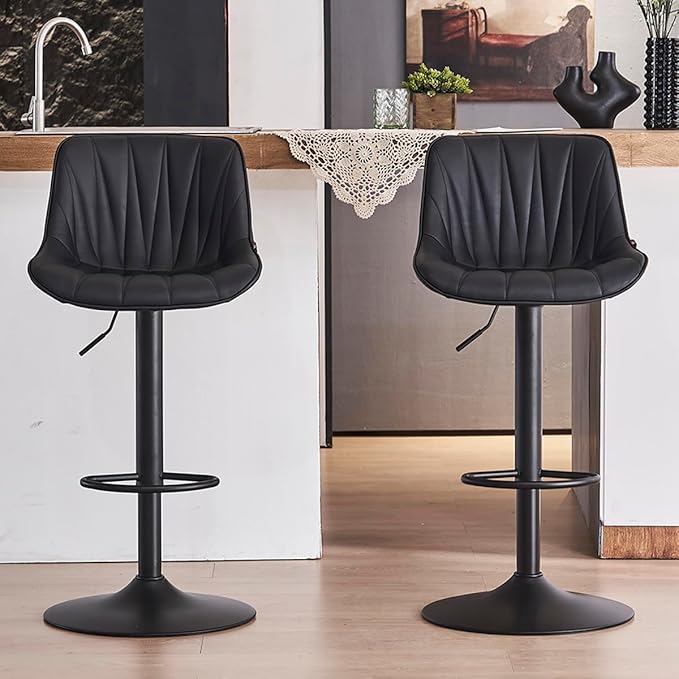 Kidol & Shellder Bar Stools Set of 2 Black Adjustable Swivel Counter Height Barstools Upholstered Modern PU Leather Bar Chairs Stools for Kitchen Island