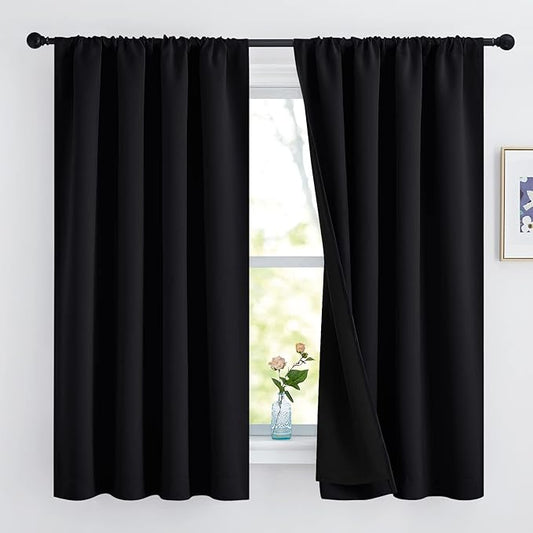 NICETOWN Complete 100% Blackout Curtains, Thermal Insulated & Energy Efficiency Window Draperies with Black Liner, Noise Reducing Drapes for Kids (Black, 52 inches W by 63 inches L, Double Panels)