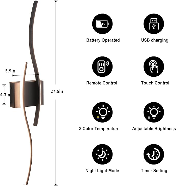 Battery Operated Wall Sconces Set of Two with Remote Control, Dimmable/3 Color/Night-Light/Timer/Memory, Black Modern Wireless LED Sconce for Living Room, Hallway, Bedroom, 27.5 Inch (2 Pack)