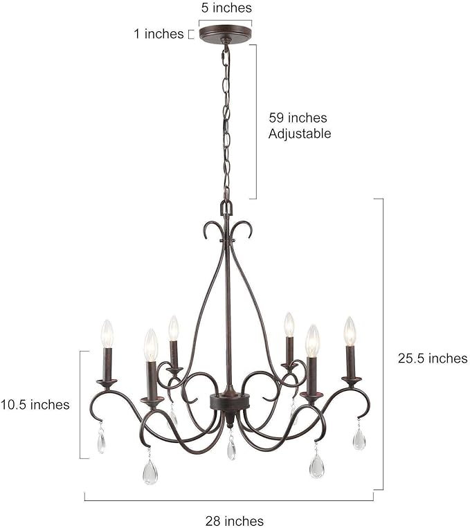 LALUZ Farmhouse Chandelier, 6-Light Rustic Dining Room Chandeliers Light Fixture Over Table with 7 Crystals for Dining Room & Living Room, Entryway, Rust-Colored Bronze Finish
