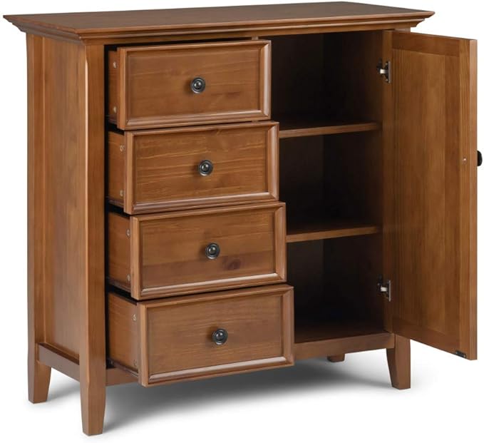 SIMPLIHOME Amherst SOLID WOOD 37 Inch Wide Transitional Medium Storage Cabinet in Light Golden Brown, with 4 Functional Drawers, 1 Door, 2 Adjustable Shelves