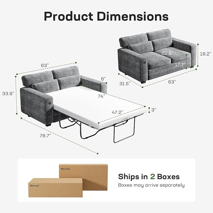 Marsail Pull Out Sofa Bed, Full Size Sleeper Sofa with Memory Foam Mattress, 2 USB Charging and Removable Covers, Loveseat for Living Room, Apartment, Supports 600 LBS, Chenille Fabric, Grey