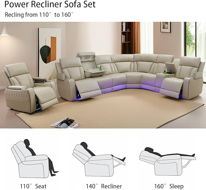 A Ainehome Furniture Reclining Sectional Sofa Set, Breathing Leather Furniture Set, L Shaped Recliner Couch with Storage Console for Living Room/Office/Home Theather(C-Beige)