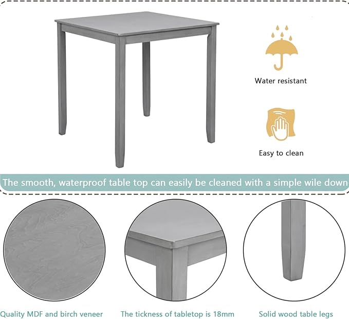 Dining Table for 4, Wooden Square Kitchen Table with Natural Woodgrain Finish, 36" H MDF Modern Dining Table with Solid Wood Tapered Legs and Rounded Corners, Easy Assembly, Gray